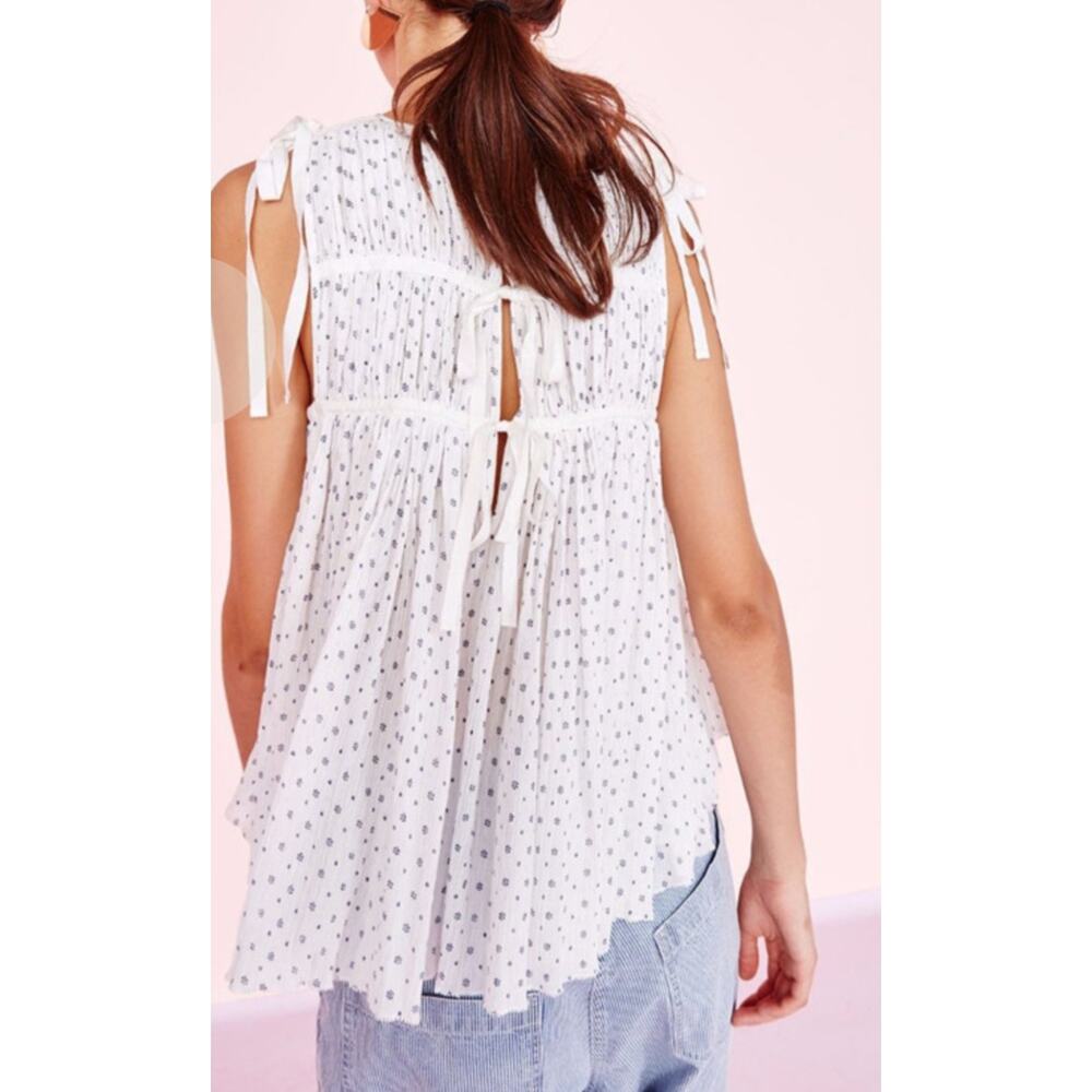 Ulla Johnson white blue ditzy print tie back babydoll top Size 4 Boho Feminine - Picture 2 of 10